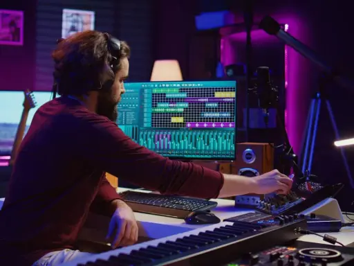 Un artista di musica elettronica lavora nel suo studio, mixando suoni con attrezzature professionali e un software di produzione musicale.