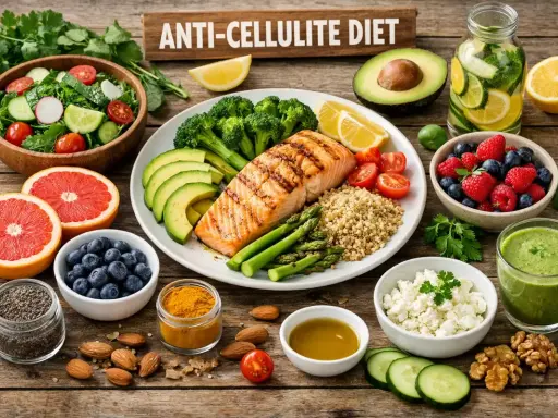 Zdrowe jedzenie na talerzu: łosoś, warzywa, owoce i kasza. To składniki idealne na dieta antycellulitowa.