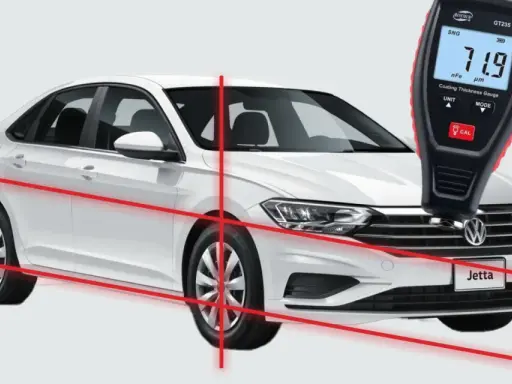 Medidor de espesor de pintura en un coche blanco, realizando pruebas de coches.