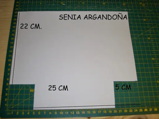 Patrón de neceser con medidas: 22 cm de alto, 25 cm de ancho y 5 cm de solapa.