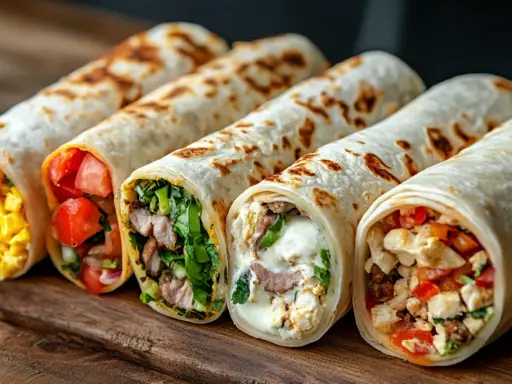 Fünf bunte Wraps mit verschiedenen Füllungen, die tolle Wraps Ideen für jeden Geschmack bieten.