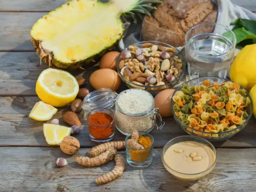 Składniki na dietę niskopurynową: ananas, cytryny, jajka, orzechy, ryż, makaron, pasta sezamowa, przyprawy.