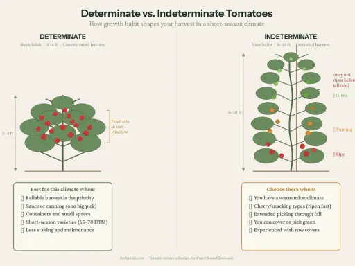 Determinate tomatoes are bush-like, 3-4 ft tall, with concentrated harvests. Indeterminate tomatoes are vine-like, 6-10 ft tall, offering extended harvests.
