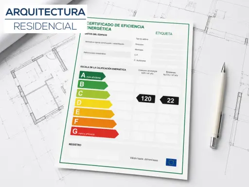 Certificado de Eficiencia Energética, similar a una cédula de habitabilidad, muestra la calificación energética de un edificio residencial con escala de A a G.