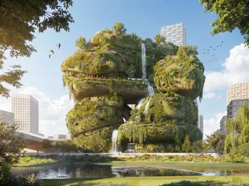 Futurystyczny budynek porośnięty roślinnością z wodospadami, otoczony zielenią i wodą.