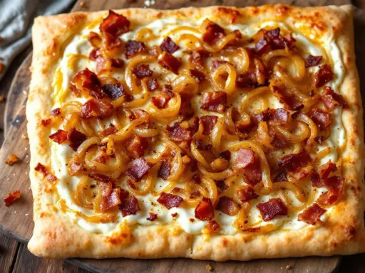 Flammekueche prête à déguster, garnie d'oignons caramélisés et de lardons croustillants sur une pâte fine et dorée. Un délice !