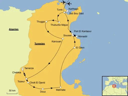 Karte von Tunesien mit Reiseroute. Karthago liegt nördlich von Tunis, nahe der Küste.