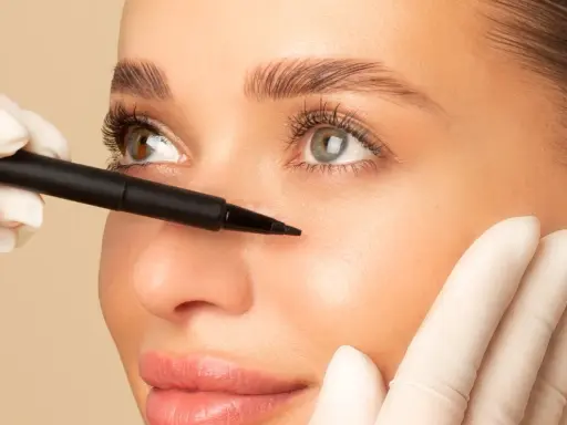 Une main gantée utilise un stylo pour marquer le visage d'une femme, préparant un brow lift pour un regard plus jeune et lifté.