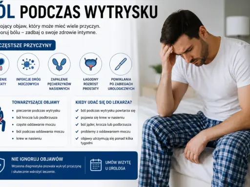 Mężczyzna z bólem głowy, siedzący na łóżku. Obok grafika informująca o bólu podczas wytrysku, w tym pieczenie jąder.