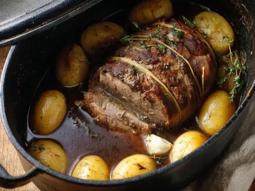 Un rôti de quasi de veau, lié à la ficelle, mijote dans un jus savoureux avec des pommes de terre et de l'ail.