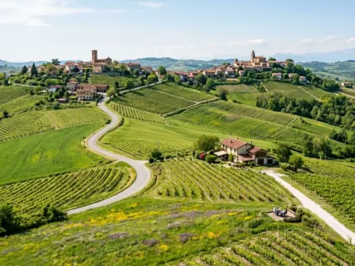 Un borgo italiano su una collina, circondato da vigneti rigogliosi e campi verdi. Un sogno per le vacanze in collina.