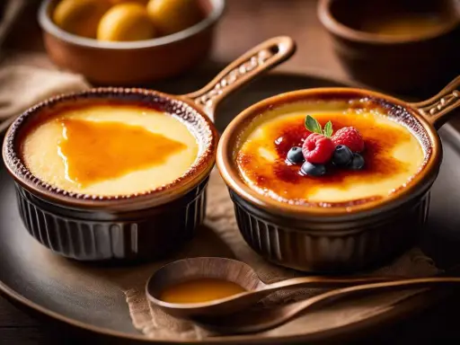 Deux desserts : une crème catalane simple et une crème brûlée garnie de fruits rouges. La différence est subtile mais délicieuse.