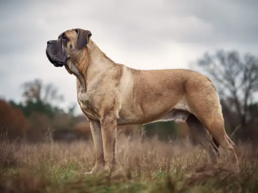 En ståtlig hund av mastiff liknande raser står i en höstlig äng.