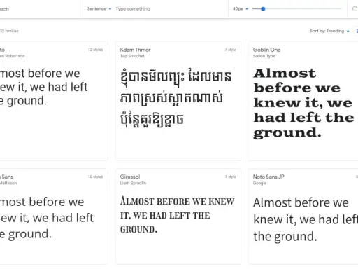 Explora tipografías Google Fonts. Muestra diferentes estilos de texto, como Roboto, Kdam Thmor y Goblin One, con la frase "Almost before we knew it, we had left the ground.