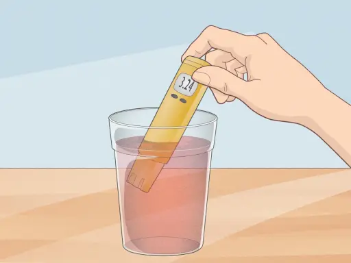 Une main tient un testeur de pH dans un verre d'eau. Le testeur affiche 3.24, indiquant que l'eau n'est pas à un pH neutre.