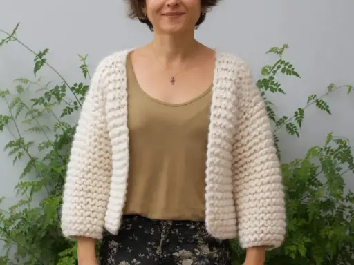 Mujer sonriente luce una chaqueta dos agujas tejida a mano, ideal para aprender paso a paso.