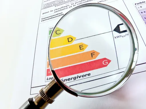 Loupe sur un classement énergétique, du vert au rouge, pour évaluer le DPE opposable d'un logement.