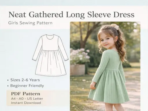 Niña con vestido verde de manga larga y patrón de costura.