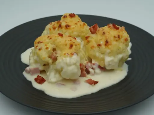 Tres porciones de coliflor gratinada con bechamel y trocitos de jamón, servidas en un plato oscuro.