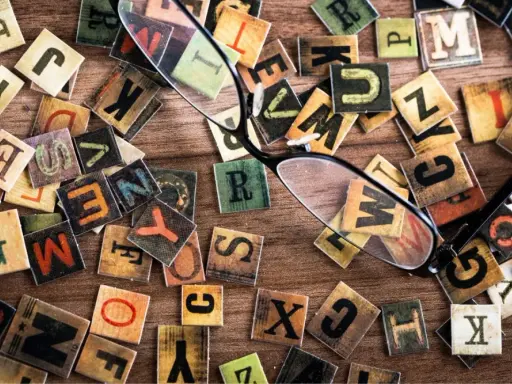 Un occhio attento scruta le lettere sparse, una figura retorica che unisce due termini contraddittori, creando un caos ordinato di parole.