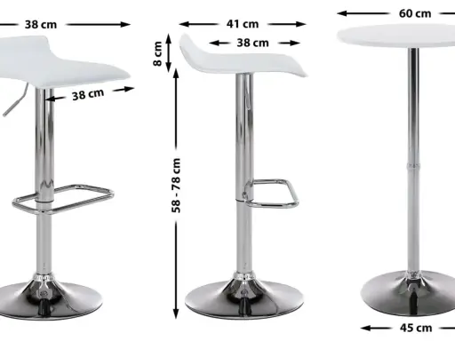 Ein Bartisch ist 108 cm hoch. Daneben sind zwei Barhocker mit verstellbarer Sitzhöhe von 65-85 cm und 58-78 cm abgebildet.
