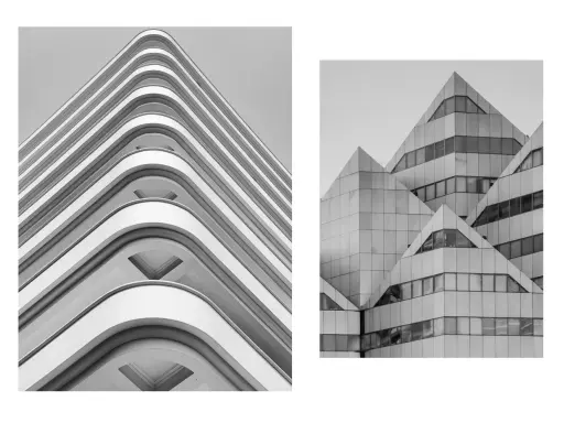 Dwie fasady budynków w czerni i bieli. Po lewej łagodne, faliste balkony, po prawej ostre, geometryczne kształty. Fascynująca fotografia architektury.