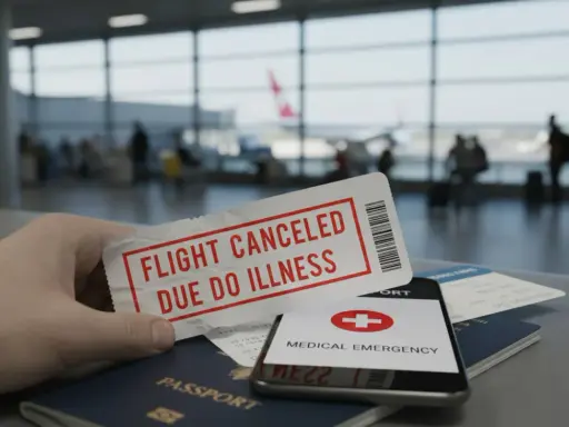 Dłoń trzyma bilet z napisem "FLIGHT CANCELED DUE TO ILLNESS". Obok paszport, telefon z komunikatem "MEDICAL EMERGENCY" i inne bilety. Pytanie: czy można anulować bilet lotniczy?