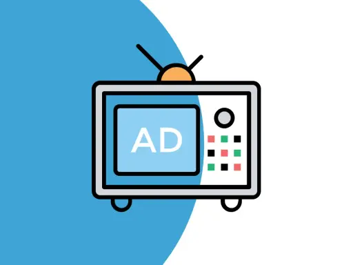 Stylizowany telewizor z napisem "AD" na ekranie. Ilustracja symbolizuje wady i zalety reklamy, która dociera do szerokiej publiczności, ale bywa też uciążliwa.