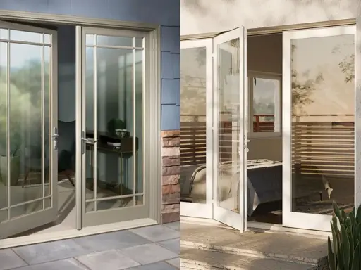 Dos puertas de cristal, una puerta abatible o batiente gris con marcos de madera y otra puerta abatible o batiente blanca que da a un dormitorio.