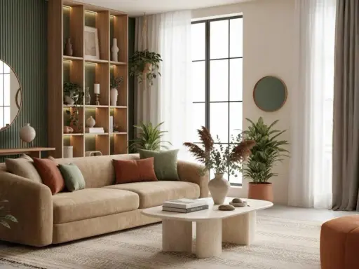 Acogedora decoracion salon con sofá beige, mesa de centro orgánica, estantería de madera iluminada y plantas.
