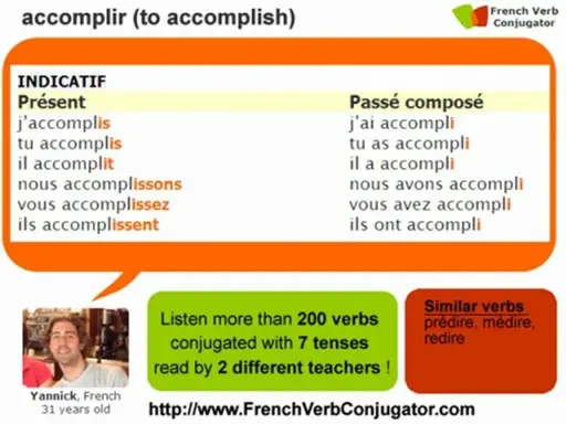 Tableau de conjugaison du verbe "accomplir" au présent et passé composé. Apprenez à accomplir la conjugaison française !
