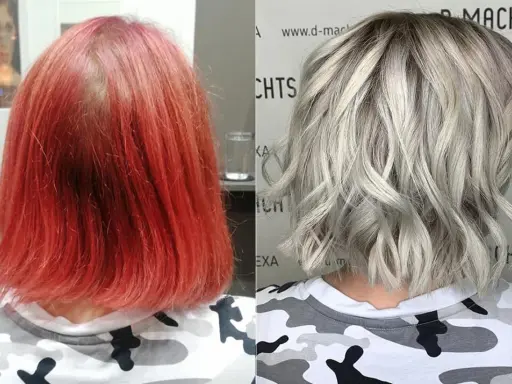 Vorher-Nachher-Vergleich: leuchtendes Rot verwandelt sich in stilvolles Blond.