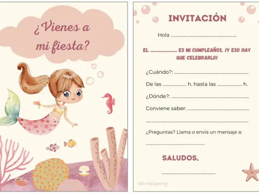 Invitación de cumpleaños infantil gratis con una sirena y temática marina. ¡Ven a celebrar!