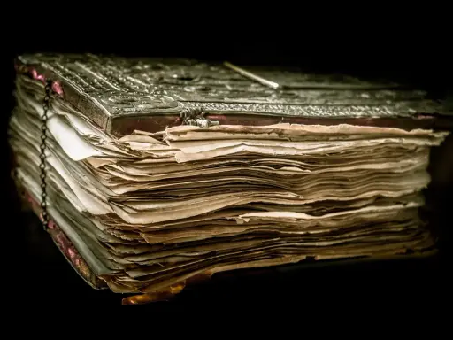 Un antico libro rilegato in metallo, con pagine ingiallite e consumate, evoca il mistero del manoscritto di Voynich.