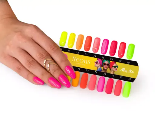 Dłoń z neonowymi paznokciami prezentuje paletę kolorów lakierów hybrydowych Molly Nails. Hema free co to znaczy? To bezpieczeństwo dla Twoich paznokci!