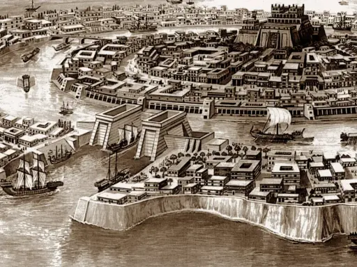 Eine antike Stadt mit Kanälen, Schiffen und monumentalen Gebäuden. Stell dir vor, gab es Atlantis wirklich?