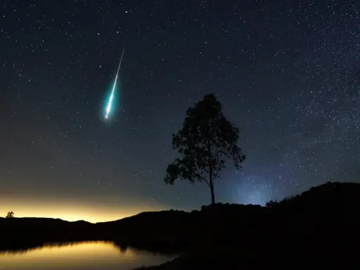 Un **obiettivo per fotografare le stelle** cattura una scia luminosa nel cielo notturno, con un albero solitario in silhouette e un lago calmo.