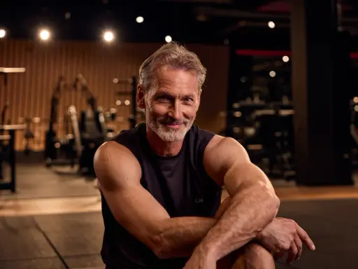 Ein fitter Mann über 50 im Fitnessstudio, bereit für den Muskelaufbau.