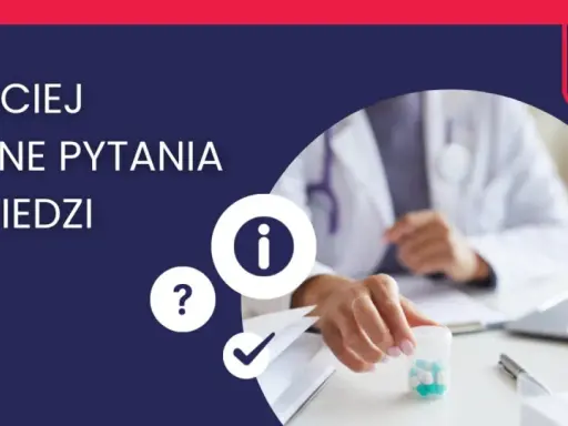 Lekarz w białym fartuchu trzymający pojemnik z lekami, obok ikony informacji i znaku zapytania.