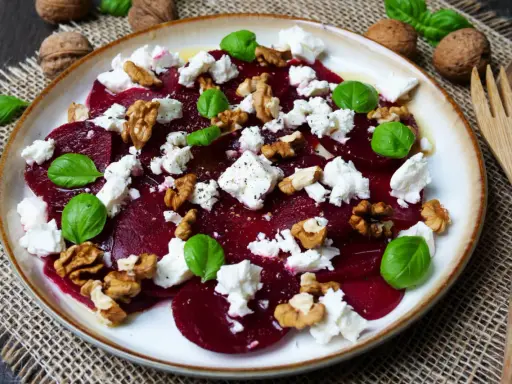 Ein Teller mit traditionellem Rote Bete Salat, garniert mit Feta, Walnüssen und Basilikum.
