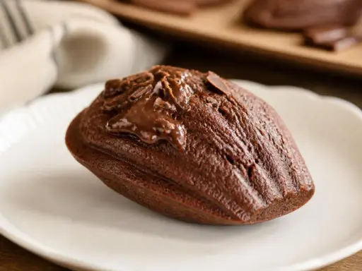 Un biscuit madeleine au chocolat, nappé de glaçage et parsemé de copeaux de chocolat, sur une assiette blanche.