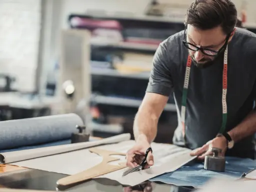 Un artiste textile concentré, lunettes sur le nez, coupe un tissu avec précision dans son atelier.