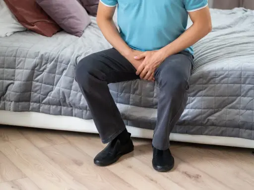 Mężczyzna siedzi na łóżku, trzymając się za krocze. Może szukać ulgi, stosując okłady na wodniaka jądra.