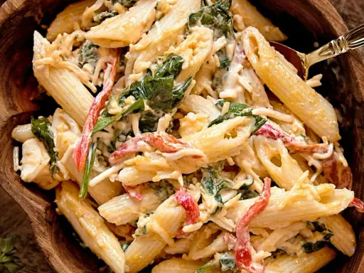 Penne w kremowym sosie z dodatkiem szpinaku i papryki. Ta tradycyjna sałatka z makaronem wygląda pysznie!