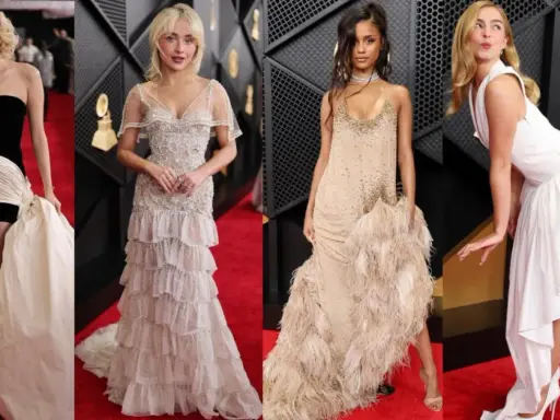 Cuatro mujeres deslumbran en la alfombra roja, anticipando los Grammys 2026 con vestidos espectaculares.