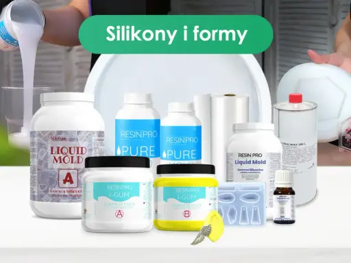 Płynna żywica polimerowa i materiały do tworzenia form silikonowych. W tle zielony napis "Silikony i formy".