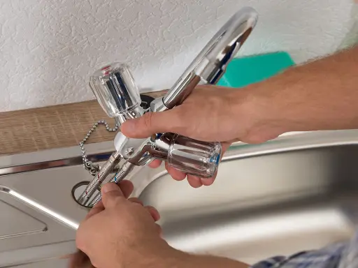 Mains de personne effectuant le montage robinet cuisine, connectant les tuyaux à l'évier.