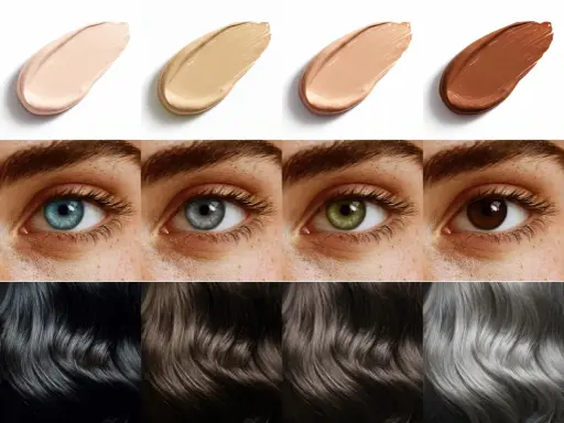 Vier Foundation-Tupfer, vier Augenfarben (blau, grau, grün, braun) und vier Haarfarben (schwarz, dunkelbraun, hellbraun, grau) – perfekt für jeden wintertyp haarfarbe.
