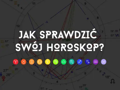 Astrologiczna mapa nieba z symbolami zodiaku i tekstem "Jak sprawdzić swój horoskop?". Domy w astrologii są kluczowe do interpretacji.