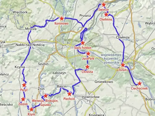 Mapa z zaznaczonymi trasami rowerowymi i atrakcjami. Odkryj magiczne miejsca Kujawsko-Pomorskie: Koronowo, Chełmno, Toruń, Biskupin i inne.